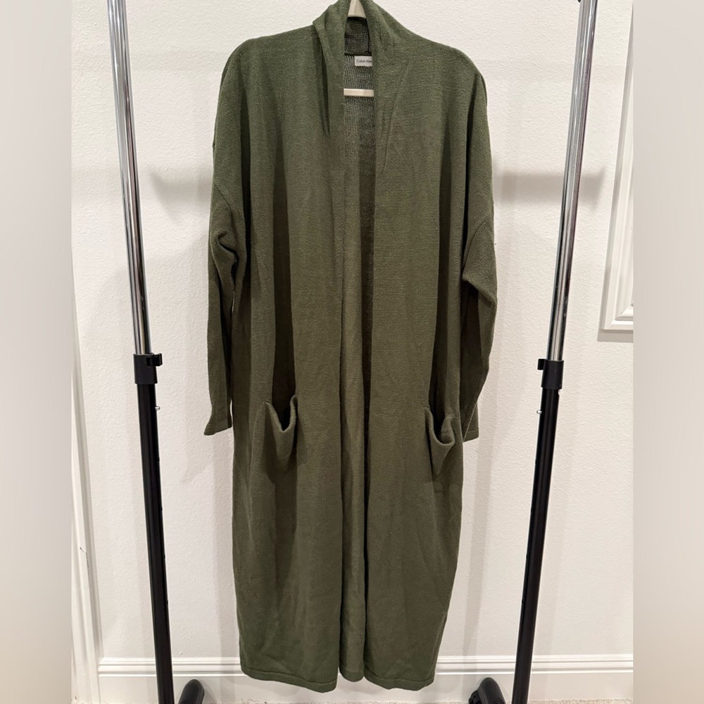 Calvin Klein Women's Open-Front Long Cardigan Duster - Thyme Size L - Picture 2 of 9